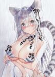  1girl animal_ears areola_slip areolae bangs bell blue_eyes blush breasts cat_ears cat_girl cat_tail choker cleavage eyebrows_visible_through_hair hair_ornament highres kamiya_maneki large_breasts long_hair looking_at_viewer neckbell original parted_lips rain silver_hair sitting solo tail thighhighs underboob wet white_legwear 