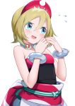  1girl bangs blonde_hair blue_eyes blush bracelet collar collarbone commentary_request eyelashes flying_sweatdrops hair_between_eyes hairband hands_up irida_(pokemon) iwao_(pixiv258710) jewelry medium_hair open_mouth own_hands_together pokemon pokemon_(game) pokemon_legends:_arceus red_hairband sash shirt shorts simple_background smile solo strapless strapless_shirt sweatdrop tongue waist_cape white_background white_shorts 