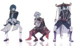  3boys bandaged_arm bandaged_hand bandages black_hair blue_hair boots closed_mouth dancing fingerless_gloves frilled_sleeves frills full_body genshin_impact gloves hair_between_eyes hat highres japanese_clothes kaedehara_kazuha knee_boots long_sleeves makeup male_focus multicolored_hair multiple_boys parody ponytail pose purple_eyes red_eyes reflective_floor scaramouche_(genshin_impact) shemika98425261 simple_background squatting standing streaked_hair white_background xingqiu_(genshin_impact) yellow_eyes 