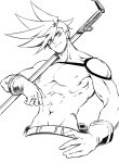  1boy 302 galo_thymos gloves graphite_(medium) greyscale hand_on_hip highres male_focus monochrome promare sidecut solo spiked_hair staff traditional_media upper_body 