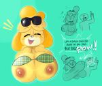  ? ambiguous_gender animal_crossing anon anthro areola big_breasts bikini bikini_top bodily_fluids breasts brown_nipples canid canine canis clothed clothing domestic_dog duo english_text exclamation_point eyes_closed eyewear eyewear_on_head female hand_on_chest huge_breasts human isabelle_(animal_crossing) mammal nintendo nipples onomatopoeia open_mouth open_smile ota_(artist) raised_clothing raised_topwear shih_tzu smile sound_effects sunglasses sunglasses_on_head sweat sweaty_breasts swimwear text topwear toy_dog video_games weaponized_breasts yellow_body 