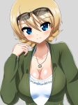  1girl bangs black-framed_eyewear blonde_hair blue_eyes braid breasts cleavage closed_mouth commentary darjeeling_(girls_und_panzer) earlobe1514366 eyebrows_visible_through_hair eyewear_on_head frilled_swimsuit frills girls_und_panzer girls_und_panzer_senshadou_daisakusen! green_jumpsuit grey_background halterneck hand_in_hair highres jewelry jumpsuit large_breasts long_sleeves looking_at_viewer necklace partially_unzipped short_hair simple_background smile solo sunglasses swimsuit swimsuit_under_clothes tied_hair twin_braids upper_body white_swimsuit 