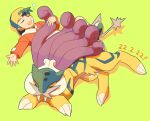  1boy :d backwards_hat bangs baseball_cap bubble closed_eyes commentary_request dated ethan_(pokemon) green_background hat highres jacket long_sleeves lying male_focus on_back open_mouth orange_jacket pokemon pokemon_(creature) pokemon_(game) pokemon_gsc raikou sleeping smile torinoko_(miiko_draw) 