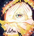 1boy 302 blonde_hair close-up eyelashes frilled_sleeves frills highres lio_fotia male_focus own_hands_together promare purple_eyes solo 
