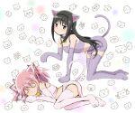  2girls akemi_homura all_fours animal_ears animal_hands bell black_hair cat_ears cat_girl cat_paws cat_tail cathead closed_eyes hairband kaname_madoka kinfuji long_hair lying mahou_shoujo_madoka_magica multiple_girls neck_bell on_side pink_hair purple_eyes short_hair short_twintails simple_background skirt sleeping tail tank_top twintails 