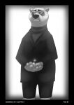  2022 anthro arctic_shrew barefoot biped black_border border clothed clothing comic dialogue disney duo english_text eulipotyphlan eyebrows feet foxxj greyscale hi_res holding_character koslov male mammal monochrome mr._big polar_bear shrew speech_bubble standing suit text thick_eyebrows turtleneck ursid ursine zootopia 