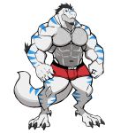  absurd_res anthro black_hair blue_eyes blue_stripes body_hair bulge chest_hair claws clothed clothing darknaigart dinosaur hair hi_res male muscular muscular_anthro muscular_male pecs reptile scalie simple_background solo stripes theropod topless tyrannosaurid tyrannosaurus tyrannosaurus_rex underwear white_background white_body 