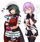  2girls :3 ? bag bangs black_gloves black_legwear blush box breasts brown_gloves cape commentary_request eyepatch furufuru_fugu gift gift_box gloves green_eyes green_hair hair_ornament hairclip hat heart-shaped_box holding holding_gift kantai_collection kiso_(kancolle) kiso_kai_ni_(kancolle) multiple_girls open_mouth pink_hair pleated_skirt pouch sailor_collar school_uniform serafuku short_hair short_sleeves simple_background skirt tama_(kancolle) tama_kai_ni_(kancolle) thighhighs translation_request wavy_mouth white_background white_headwear 