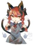  1girl :p animal_ears black_bow blush bow braid cat_ears cat_tail cowboy_shot cropped_legs doryata dress eyebrows_visible_through_hair green_dress hair_between_eyes hair_bow hair_ribbon hands_up highres holding holding_hair kaenbyou_rin long_hair multiple_tails nekomata red_eyes red_hair ribbon simple_background solo tail tongue tongue_out touhou tress_ribbon twin_braids twintails two_tails white_background 