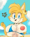 2022 anthro areola beach berkthejerk big_breasts bikini blue_eyes bodily_fluids breast_play breasts canid canine clothing crossgender cum cum_on_breasts day duo english_text female fox fur genital_fluids genitals hi_res huge_breasts looking_at_viewer male mammal miles_prower mtf_crossgender nipples open_mouth outside penis seaside sega sex sonic_the_hedgehog_(series) swimwear text titfuck water yellow_body yellow_fur 