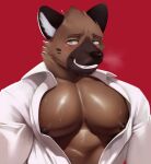  2022 abs absurd_res aggressive_retsuko anthro barazoku bedroom_eyes big_muscles big_pecs blush bodily_fluids breath bust_portrait clothed clothing doggonut dress_shirt eyebrows fur glistening glistening_body glistening_fur haida hi_res hyaenid looking_at_viewer male mammal muscular muscular_anthro muscular_male narrowed_eyes nipples open_clothing open_shirt open_topwear pecs portrait red_background sanrio seductive shirt simple_background smile solo spotted_hyena sweat teeth topwear tuft 