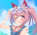  1girl :p animal_ears bangs bare_shoulders blue_background blue_overalls blue_sky blush bow breasts cleavage cloud cloudy_sky collarbone commentary_request day eyebrows_visible_through_hair eyewear_on_head hair_between_eyes hair_intakes hair_ribbon haru_urara_(umamusume) heart heart-shaped_eyewear highres long_hair looking_at_viewer one_eye_closed outdoors overalls pink_hair ponytail purple_eyes ribbon saeki_tatsuya sky smile solo sunglasses tinted_eyewear tongue tongue_out twintails umamusume white-framed_eyewear white_bow 