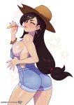  1girl ass blush breasts brown_hair cowboy_hat earrings final_fantasy final_fantasy_vii from_behind hat jewelry kajin_(kajinman) large_breasts lips long_hair looking_at_viewer low-tied_long_hair naked_overalls overalls red_eyes smile solo thighs tifa_lockhart 