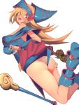  1girl ass assisted_exposure bangs blonde_hair blue_footwear boots branch breasts covered_nipples dark_magician_girl eyebrows_visible_through_hair green_eyes hair_between_eyes hand_on_own_ass hat highres holding kuriboh long_hair looking_back open_mouth thighs twisted_torso wand wat_(worldlog) wide-eyed wizard_hat yu-gi-oh! 