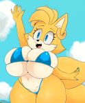  2022 2_tails anthro berkthejerk big_breasts bikini blue_eyes blue_nails breasts canid canine clothing colored_nails crossgender female fox fur hi_res huge_breasts mammal miles_prower mtf_crossgender multi_tail nails open_mouth sega solo sonic_the_hedgehog_(series) swimwear yellow_body yellow_fur 