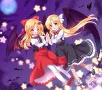  2girls bangs bat bat_wings black_footwear black_skirt black_vest black_wings blonde_hair blush bobby_socks bow bowtie breasts center_frills collared_shirt demon_wings elis_(touhou) eyebrows_visible_through_hair facial_mark fang flower frilled_skirt frills full_body full_moon hair_bow hair_flower hair_ornament hair_ribbon happy highres holding_hands interlocked_fingers juliet_sleeves kurumi_(touhou) long_hair long_skirt long_sleeves moon multiple_girls night night_sky open_clothes open_mouth open_vest outdoors parted_bangs puffy_sleeves purple_eyes red_bow red_bowtie red_footwear red_skirt ribbon sample_watermark shirt skirt sky small_breasts socks star_(sky) star_(symbol) starry_sky suspenders touhou touhou_(pc-98) very_long_hair vest white_legwear white_ribbon white_shirt wings yellow_eyes yurufuwa_milk 