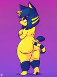  animal_crossing ankha_(animal_crossing) anthro big_butt blue_body blue_fur blue_hair butt clothing crossed_arms curvy_figure domestic_cat egyptian_clothing egyptian_headdress eyelashes eyeshadow felid feline felis female foamytail fur glistening glistening_butt glistening_shoulders hair hi_res looking_at_viewer looking_back looking_back_at_viewer makeup mammal markings nintendo pawpads purple_background short_stack simple_background solo striped_markings striped_tail stripes tail_markings thick_thighs video_games voluptuous wide_hips yellow_body yellow_fur 