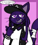  2021 anthro baseball_cap black_clothing black_hat black_headwear black_jacket black_mask black_pupils black_topwear blush border clothing comic_sans cute_fangs dialogue domestic_cat english_text face_mask felid feline felino felis female front_view fur grey_inner_ear grey_nose hair half-closed_eyes hat headgear headwear jacket looking_at_viewer mammal narrowed_eyes pink_background pink_border pupils purple_body purple_eyes purple_fur purple_hair scar shirt simple_background slit_pupils smile smirk solo speech_bubble stardust_(tricktrashing) tail_wraps talking_to_viewer text topwear white_clothing white_jacket white_shirt white_topwear wraps 