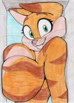  anthro big_breasts breast_squish breasts brown_body brown_fur celine_(vinfox) domestic_cat fangs felid feline felis female fur green_eyes huge_breasts looking_at_viewer mammal nude pink_nose solo squish stripes vinfox whiskers 