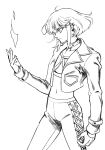  1boy 302 androgynous crop_top cropped_jacket earrings fire greyscale highres jewelry lio_fotia male_focus midriff monochrome otoko_no_ko promare pyrokinesis sidelocks solo stitched_pants 