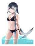  1girl alternate_hairstyle arm_at_side arm_behind_back asymmetrical_hair bangs beleven bikini black_bikini black_hair black_swimsuit blowhole blue_eyes blue_hair border braid breasts cetacean_tail character_name choker closed_mouth collarbone gradient_hair grey_hair hair_ribbon head_fins highres jewelry kemono_friends legs_together light_smile long_hair looking_at_viewer medium_breasts multicolored_hair narwhal_(kemono_friends) navel parted_bangs ribbon side_braid single_braid solo standing stomach swimsuit tail twintails very_long_hair wading water wristlet 
