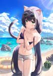  1girl animal_ear_fluff animal_ears bare_arms bare_shoulders beach bekkuro bikini black_hair blue_bikini breasts cat_ears cat_girl cat_tail cloud cloudy_sky commentary_request day eyewear_on_head food fruit highres innertube karyl_(princess_connect!) leaning_forward long_hair multicolored_hair navel outdoors princess_connect! short_shorts shorts sky solo standing stomach streaked_hair sunglasses swimsuit tail tail_raised twintails very_long_hair watermelon wet white_hair white_shorts 