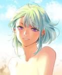  1boy 302 androgynous green_hair grin highres lio_fotia male_focus portrait promare purple_eyes realistic short_hair sidelocks sky smile solo topless_male 