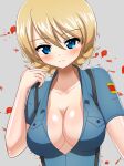  1girl alternate_costume aoshidan_school_uniform bangs blonde_hair blue_eyes blue_shirt braid breasts cleavage closed_mouth collared_shirt commentary darjeeling_(girls_und_panzer) earlobe1514366 eyebrows_visible_through_hair girls_und_panzer grey_background hand_in_hair highres large_breasts looking_at_viewer partially_unbuttoned school_uniform shirt short_hair short_sleeves simple_background smile solo spanish_flag suspenders tied_hair twin_braids upper_body 