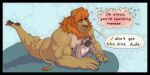  anthro butt dialogue digital_drawing_(artwork) digital_media_(artwork) duo feet felid hyaenid larger_male lion lying macro male male/male mammal mane muscular muscular_male nipples on_front pantherine simple_background size_difference size_play smaller_male speech_bubble text yoozle 