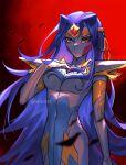  1girl abiiii alternate_form armor blue_hair breasts character_request check_character circlet colored_skin glint hand_on_own_chest kamishiro_rio long_hair medium_breasts navel no_mouth purple_eyes shoulder_armor solo twitter_username very_long_hair white_skin yu-gi-oh! yu-gi-oh!_zexal 