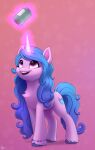  blue_hair blue_tail bracelet can container cutie_mark equid equine eyelashes female feral fetlocks floating glowing glowing_horn hair hasbro hooves horn inner_ear_fluff izzy_moonbow_(mlp) jewelry looking_up luminousdazzle magic mammal mlp_g5 my_little_pony open_mouth open_smile signature smile solo standing teeth tuft unicorn 