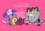  ^_^ closed_eyes closed_mouth commentary_request dated eyelashes fang frown galarian_meowth grookey hatted_pokemon hemhemhoo highres hisuian_sneasel litten lying no_humans on_stomach pink_background pokemon pokemon_(creature) red_eyes sharp_teeth sitting smile standing teeth 