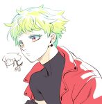  1boy 302 alternate_hair_length alternate_hairstyle colored_eyelashes earrings firefighter_jacket green_hair highres jacket jewelry lio_fotia male_focus messy_hair promare purple_eyes red_eyes red_jacket short_hair solo turtleneck 