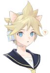  1boy ? animal_ears bass_clef black_collar blonde_hair blue_eyes cat_day cat_ears collar commentary cropped_shoulders headphones headset kagamine_len kemonomimi_mode looking_at_viewer male_focus naoko_(naonocoto) parted_lips sailor_collar simple_background solo speech_bubble spiked_hair spoken_question_mark upper_body vocaloid white_background 
