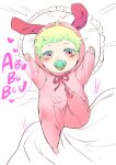  1boy 302 age_regression animal_ears baby crib green_hair highres lio_fotia male_focus onesie pacifier promare purple_eyes rabbit_ears solo younger 