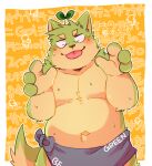  2022 4_fingers anthro belly black_nose blush bodily_fluids canid canine eyes_closed fingers green_bell humanoid_hands kemono male mammal navel overweight overweight_male solo sweat tongue tongue_out towel 