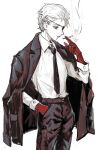  1boy belt black_jacket black_necktie black_neckwear brethil cigarette collared_shirt commentary cowboy_shot eyepatch gloves grey_eyes hair_slicked_back highres holding holding_cigarette jacket jacket_on_shoulders kaneki_ken male_focus necktie red_gloves shirt short_hair simple_background smoke smoking solo tokyo_ghoul white_background white_hair white_shirt 