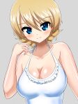  1girl bangs blonde_hair blue_eyes braid breasts cleavage closed_mouth commentary darjeeling_(girls_und_panzer) earlobe1514366 eyebrows_visible_through_hair frilled_swimsuit frills girls_und_panzer grey_background halterneck hand_in_hair highres large_breasts looking_at_viewer one-piece_swimsuit short_hair simple_background smile solo swimsuit tied_hair twin_braids upper_body white_swimsuit 