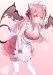  1girl absurdres apron bangs bare_arms blush breasts cleavage dress eyebrows_visible_through_hair hair_ornament heart highres horns indie_virtual_youtuber large_breasts long_hair looking_at_viewer maid maid_headdress open_mouth pink_background pink_dress simple_background smile solo sorayo_noriyuki tail thighhighs torn_wings virtual_youtuber white_apron white_headwear white_legwear wings yellow_eyes 