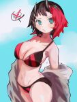  1girl alternate_costume bangs bikini black_bikini black_hair blue_background blue_eyes breasts cleavage commentary_request cowboy_shot demon_girl demon_horns ear_piercing highres horns large_breasts looking_at_viewer multicolored_hair navel navel_piercing open_mouth piercing pointy_ears red_bikini red_hair ryugasaki_rene shio_midori short_hair solo sugar_lyric swimsuit two-tone_bikini two-tone_hair virtual_youtuber 