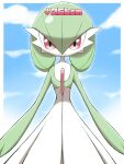  absurdres arrow_(symbol) border closed_mouth cloud commentary_request day gardevoir height highres looking_at_viewer outdoors outside_border pink_eyes pokemon pokemon_(creature) shabana_may sky smile solo white_border 
