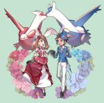  1boy 1girl :d alternate_costume bangs belt_buckle blue_headwear brendan_(pokemon) brown_hair buckle chinese_commentary commentary_request eye_contact eyelashes gloves grey_eyes hair_ornament hat holding_hands huan_li latias latios looking_at_another may_(pokemon) medium_hair official_alternate_costume open_mouth pants pokemon pokemon_(game) pokemon_masters_ex pokemon_oras shoes short_hair smile spiked_hair tailcoat tongue top_hat white_pants 