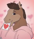  &lt;3 absurd_res almy anthro brick_heartstone clothed clothing digital_media_(artwork) ear_piercing equid equine hi_res hoodie horse male mammal note piercing simple_background solo topwear watermark 