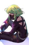  1boy 302 back_cutout belt black_gloves clothing_cutout earrings from_behind gloves green_hair half_gloves highres jewelry leather leather_pants lio_fotia looking_at_viewer male_focus mask mouth_mask otoko_no_ko pants promare purple_eyes sitting solo studded_belt 