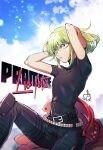  1boy 302 arms_up copyright_name green_hair hands_in_hair highres jacket jacket_removed leather leather_jacket lio_fotia male_focus promare purple_eyes red_jacket short_sleeves sitting sky solo turtleneck 
