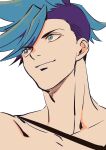  1boy 302 blue_eyes blue_hair detached_sleeves galo_thymos highres male_focus portrait promare sidecut single_detached_sleeve smile solo spiked_hair topless_male 