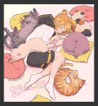  1boy black_collar black_shorts blonde_hair calico cat cat_day closed_eyes collar collared_shirt commentary curled_up cushion dated grey_cat highres ichiya_append kagamine_len male_focus no_shoes sailor_collar shirt short_ponytail short_sleeves shorts sleeping socks solo spiked_hair tabby_cat twitter_username vocaloid white_shirt 
