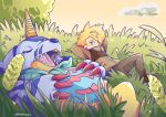  animal_skin anthro bandai_namco belly blonde_hair blue_eyes carmengillern1 digimon digimon_(species) duo gabumon hair hi_res horn human male mammal matt_ishida outside sleeping slightly_chubby yellow_body 