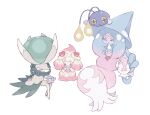  +_+ :o alcremie alcremie_(love_sweet) anmitsuya calyrex chinchou closed_mouth commentary_request cup drinking grey_eyes hatterene highres holding holding_cup holding_teapot pink_eyes pokemon pokemon_(creature) simple_background teacup teapot white_background 