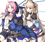  3girls arknights bangs blue_eyes blue_hair blue_jacket blue_poison_(arknights) blush brown_hair candy elite_ii_(arknights) eyebrows_visible_through_hair food food_in_mouth glaucus_(arknights) hair_bun hair_ornament hasumi_takashi highres hood hooded_jacket hug hug_from_behind id_card indigo_(arknights) infection_monitor_(arknights) jacket lollipop long_hair long_sleeves low_twintails medium_hair miniskirt multicolored_hair multiple_girls open_clothes open_collar open_jacket parted_lips pink_hair pointy_ears purple_eyes shirt shorts shrug_(clothing) skirt streaked_hair suspender_shorts suspenders tail test_tube thighhighs twintails very_long_hair white_shirt 